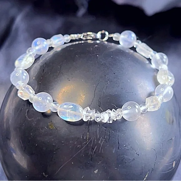 Hand Made Rainbow Moonstone Diamond Quartz Bracelet - Picture 1 of 3